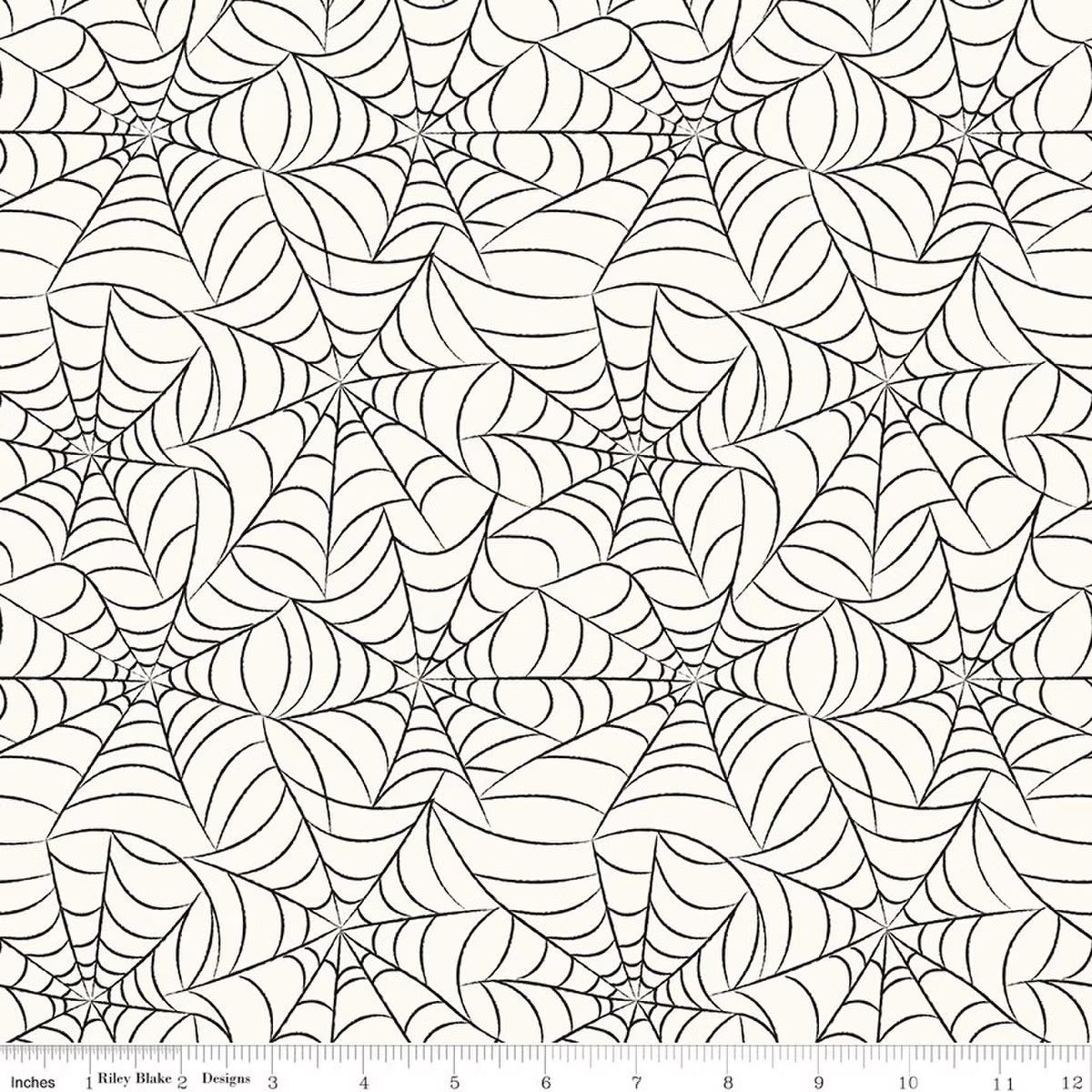 Pattern of spider webs on a white background with a fabric yardage measurement at the bottom.