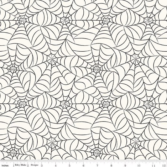 Pattern of spider webs on a white background with a fabric yardage measurement at the bottom.