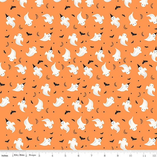 Halloween-themed fabric pattern with ghosts, bats, and pumpkins on an orange background.