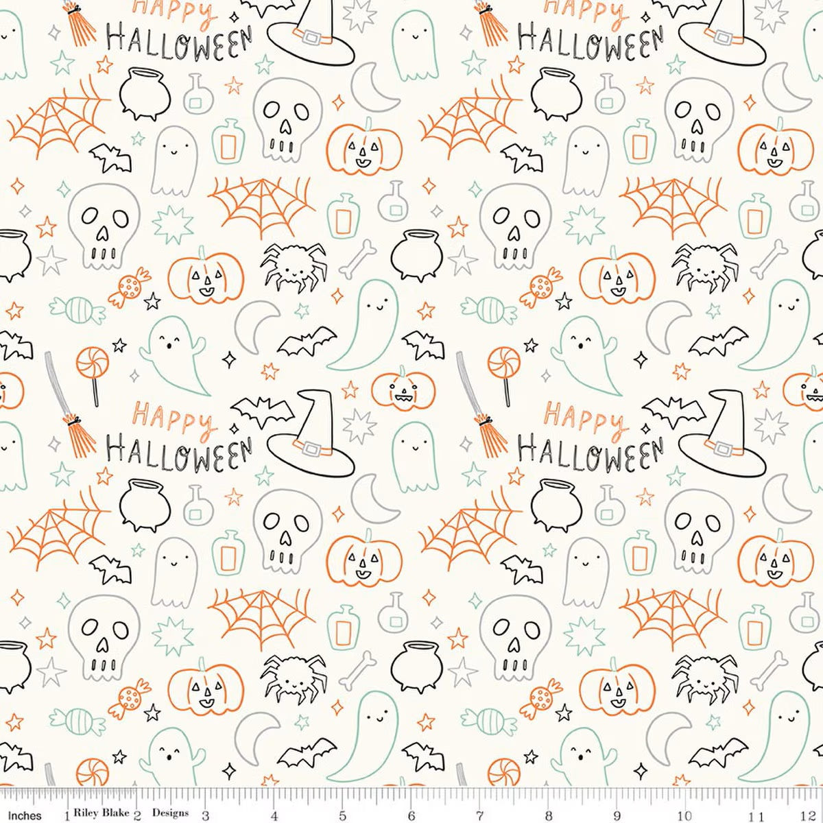 Halloween-themed fabric pattern with ghosts, pumpkins, and text on a white background.
