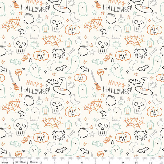 Halloween-themed fabric pattern with ghosts, pumpkins, and text on a white background.