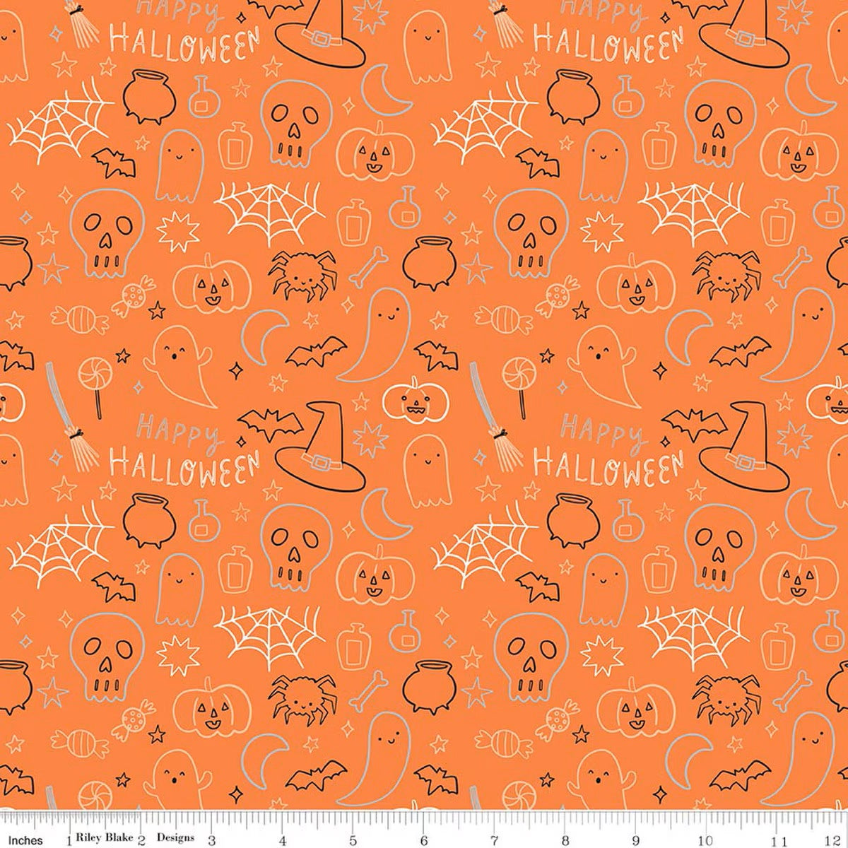 Halloween-themed fabric pattern with pumpkins, ghosts, and 'Happy Halloween' text on an orange background.