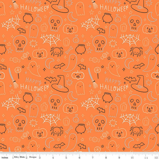 Halloween-themed fabric pattern with pumpkins, ghosts, and 'Happy Halloween' text on an orange background.