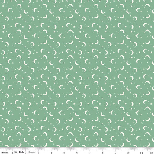 Pattern of white crescent moons and stars on a green background with a fabric swatch at the bottom.