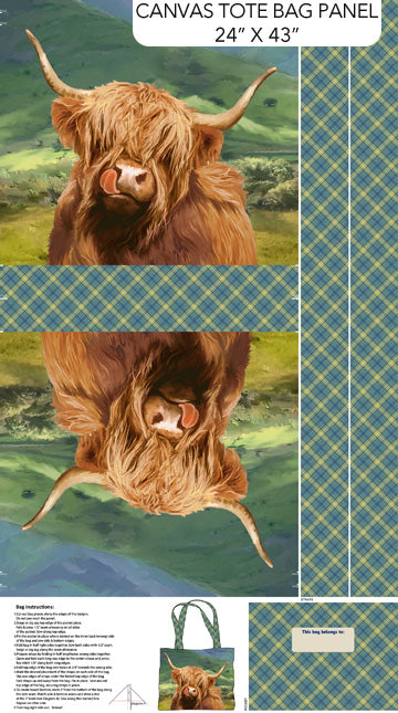 Canvas tote bag panel with highland cow design and plaid pattern