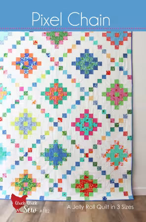 Pixel Chain quilt pattern front cover showing modern geometric chain design made with colorful 2.5 inch strips
