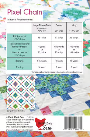 Pixel Chain quilt pattern back cover with fabric requirements and size options for throw twin queen and king quilts
