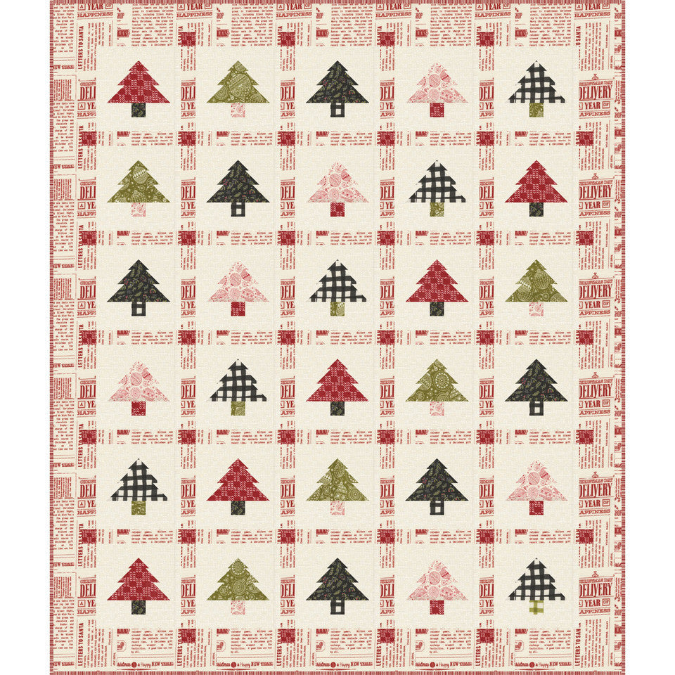 Pressed in Pine finished quilt by Crafty Moose Quilts — scrappy Christmas tree blocks in red, green, pink, and black on a newsprint-style background
