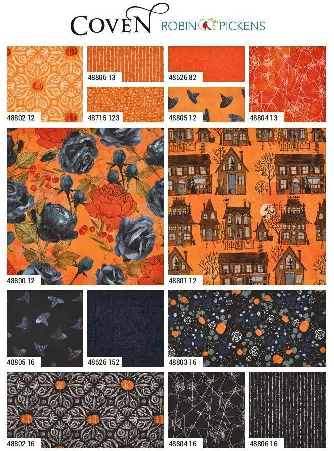 Coven fabric panel by Robin Pickens for Moda Fabrics — Halloween botanical and celestial design for quilting
