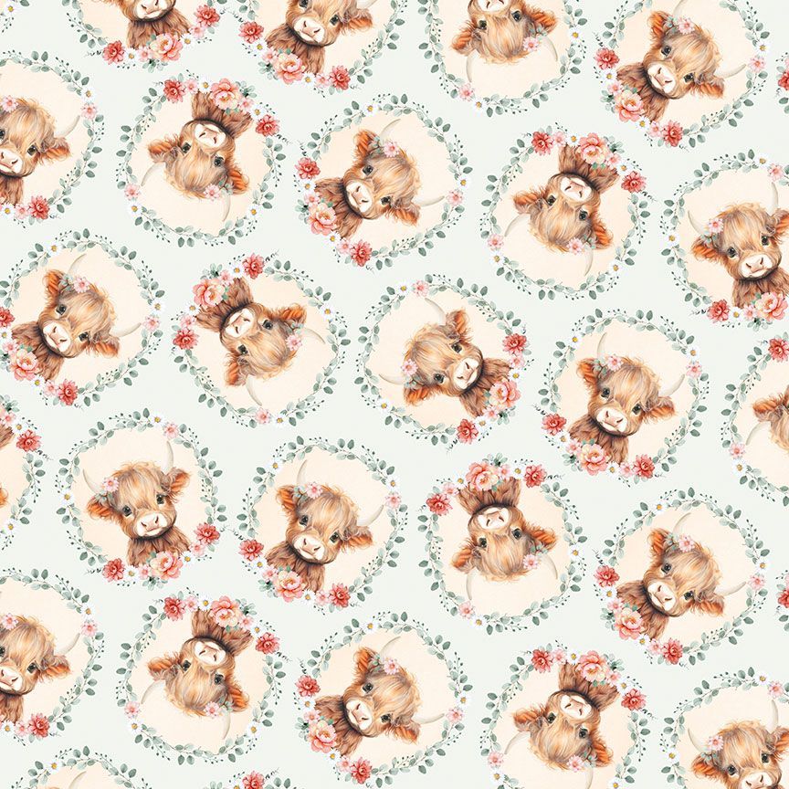 Pattern of cartoon cows with flowers and leaves on a light blue background