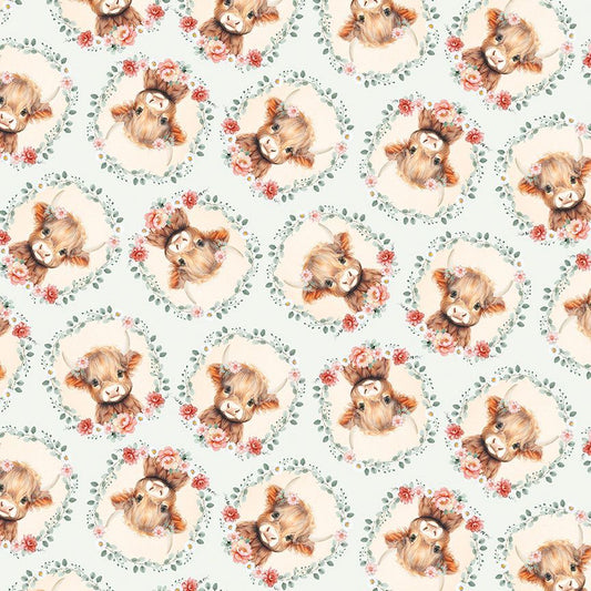Pattern of cartoon cows with flowers and leaves on a light blue background