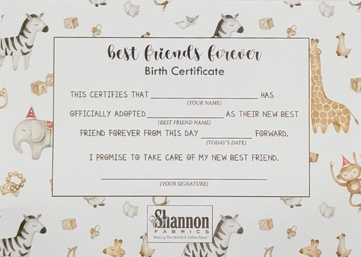 Shannon Fabrics Best Friends Forever birth certificate with an animal border and spaces for names, date and signature.
