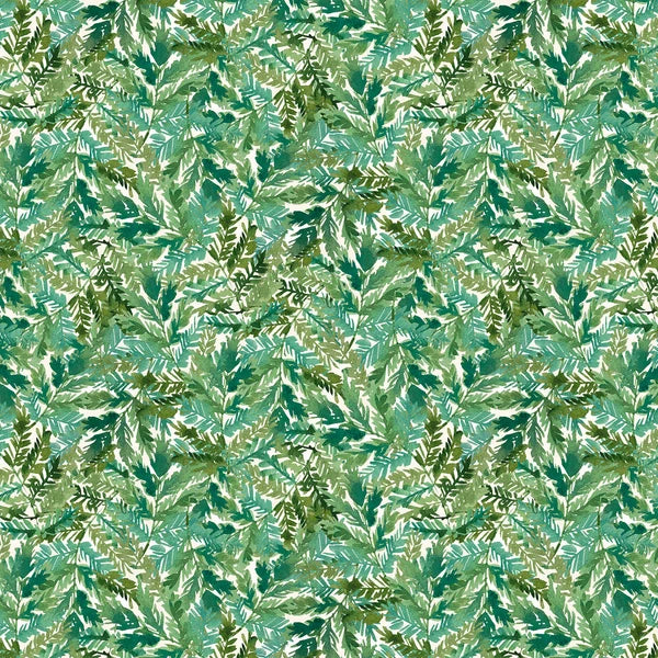 Luscious Ferns Cream Multi by Northcott Fabrics — densely packed watercolour fern fronds in teal, green, and cream quilting cotton
