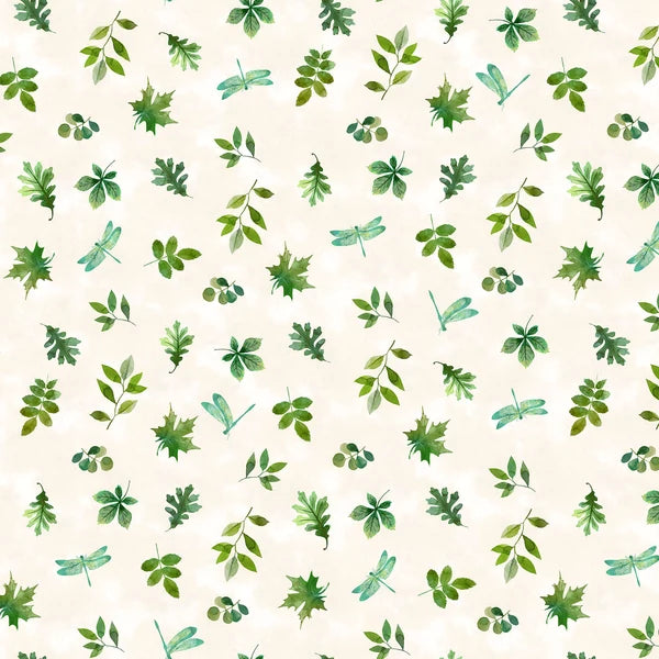 Luscious Leaves and Dragonflies Cream Multi by Northcott Fabrics — scattered green leaves and dragonflies on cream quilting cotton
