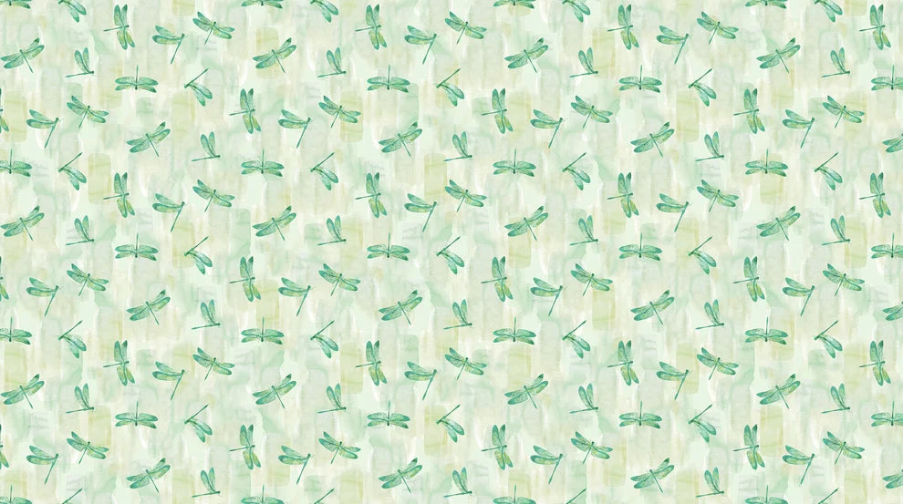 Luscious Dragonflies Pale Green by Northcott Fabrics — scattered teal dragonflies on soft pale green quilting cotton
