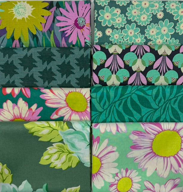 Grid of fabric swatches with floral and leaf patterns in green, pink, and purple.