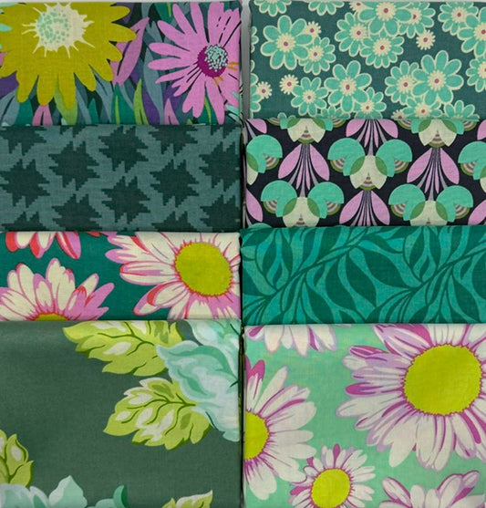 Grid of fabric swatches with floral and leaf patterns in green, pink, and purple.