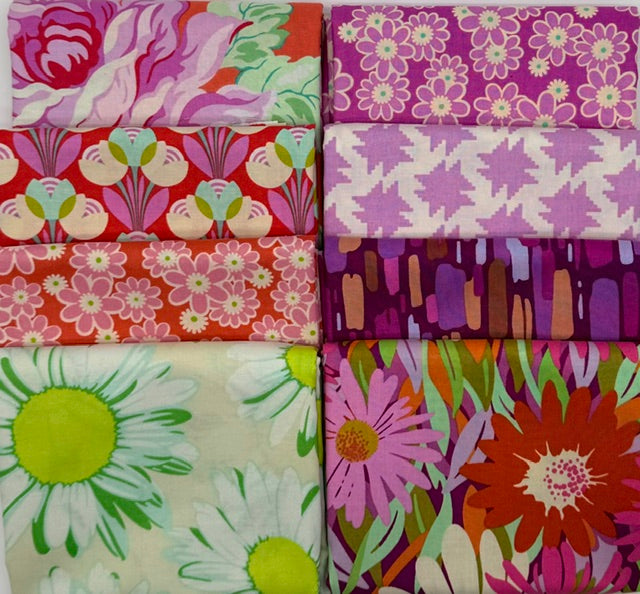 Collection of colorful floral fabric swatches arranged in a grid.