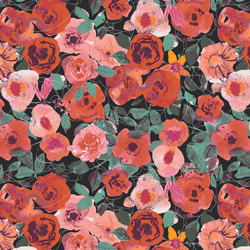 Witch's Garden from Enshadow by Katrina Rocella — large red and pink roses with green leaves on black quilting cotton
