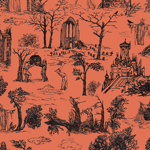 Shadowmere Amber from Enshadow by Katrina Rocella — black spooky trees, castles and landscape silhouettes on orange directional quilting cotton
