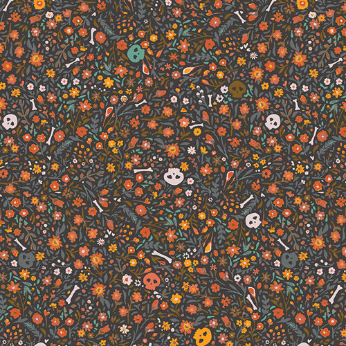 Boneyard Ember from Enshadow by Katrina Rocella — hexberry geometric print in warm ember, rust and orange tones quilting cotton
