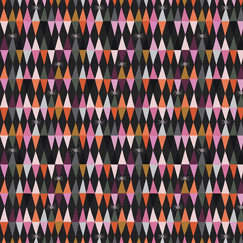 Threadling Dusk from Enshadow by Katrina Rocella — pink, orange and white triangle rows with black diamond pattern and grey spiders quilting cotton
