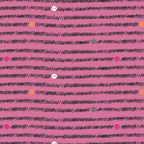 Gravewhirl from Enshadow by Katrina Rocella — pink background with wavy black lines and colourful skull print quilting cotton
