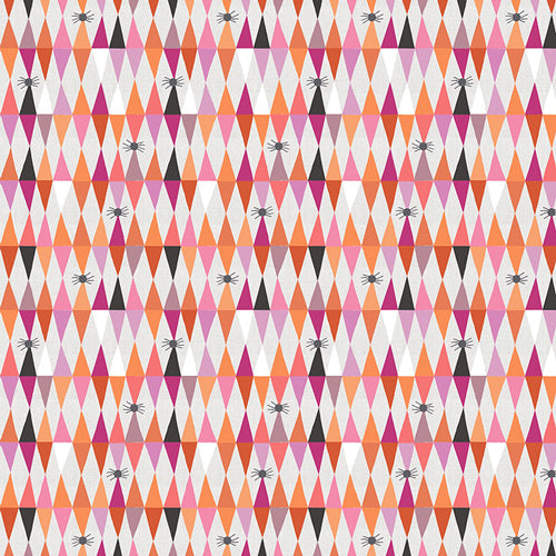 Threading Radiance from Enshadow by Katrina Rocella — colourful triangle rows with diamond secondary pattern and black spiders on light quilting cotton
