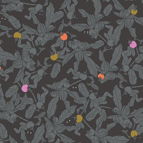 Peek-a-Boo from Enshadow by Katrina Rocella — charcoal vines, leaves and buds on black with pink, orange and mustard accents quilting cotton
