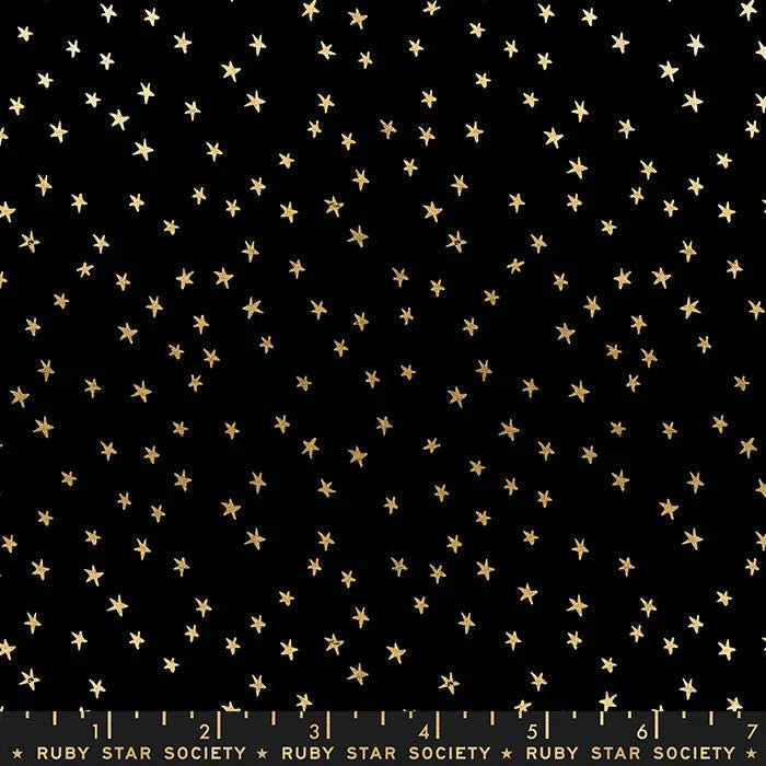 Mini Starry Black Gold quilting fabric by Alexia Marcelle Abegg for Ruby Star Society – small-scale allover star print in black and gold, 100% cotton, 43/44 inches wide
