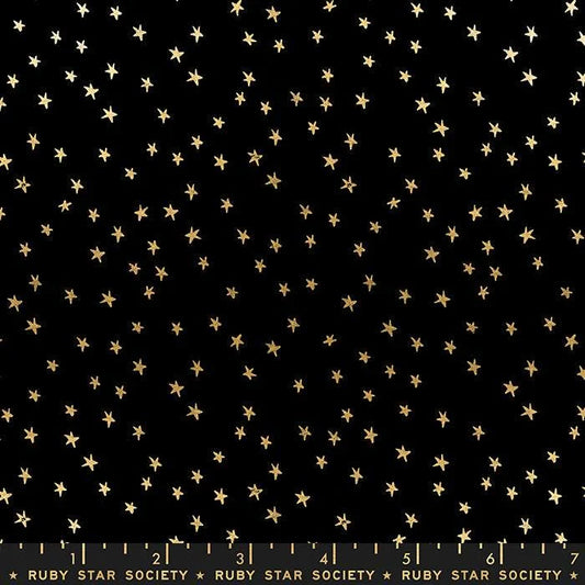 Mini Starry Black Gold quilting fabric by Alexia Marcelle Abegg for Ruby Star Society – small-scale allover star print in black and gold, 100% cotton, 43/44 inches wide
