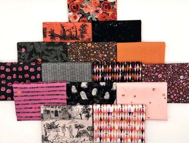Enshadow fat quarter bundle by Katrina Rocella for Art Gallery Fabrics — 15 hand-cut Halloween prints including florals, geometrics and blenders
