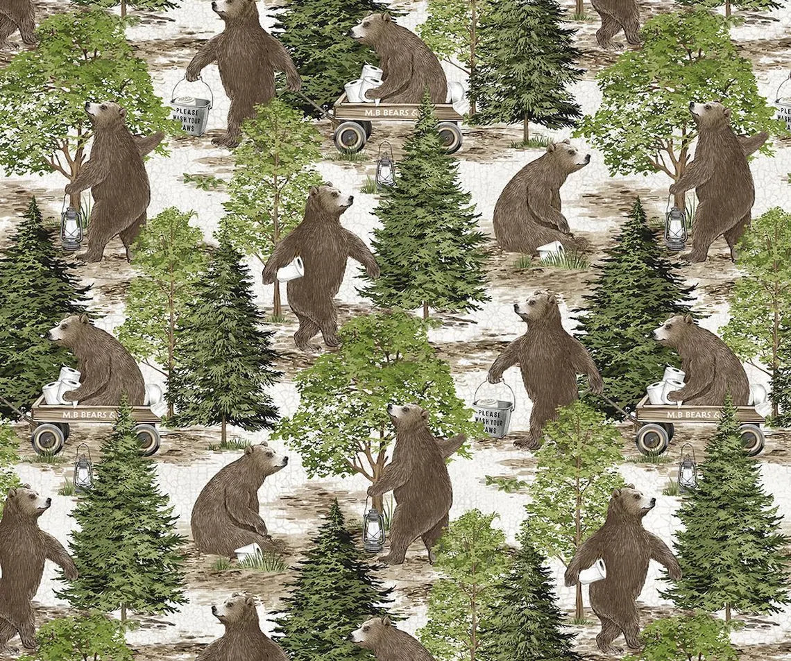  (Border fabric): Forest Bears Cream Multi border fabric featuring woodland bears and trees by Deborah Edwards for Northcott Bear Necessities collection