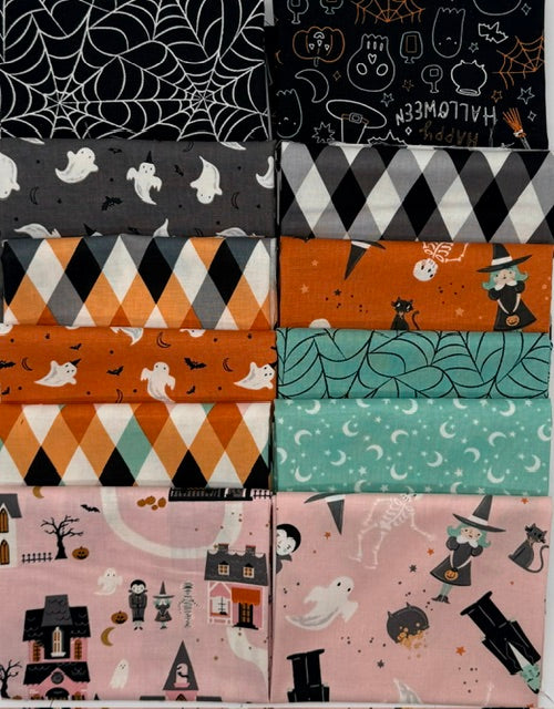 Collection of Halloween-themed fabric swatches arranged in a grid.
