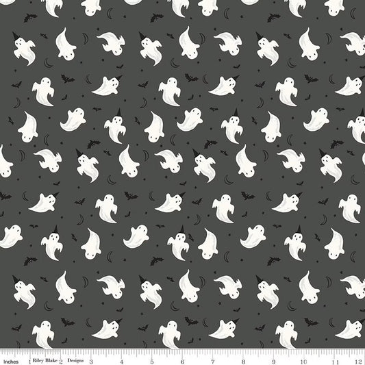 Pattern of white ghosts on a gray background with a fabric yardage label at the bottom.