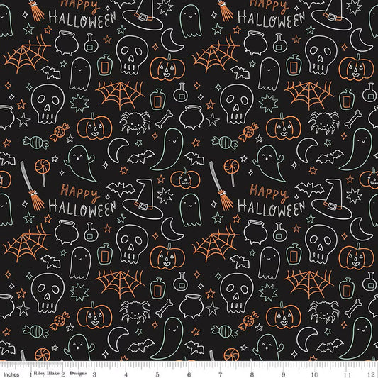 Halloween-themed fabric with pumpkins, ghosts, and skulls on a black background.