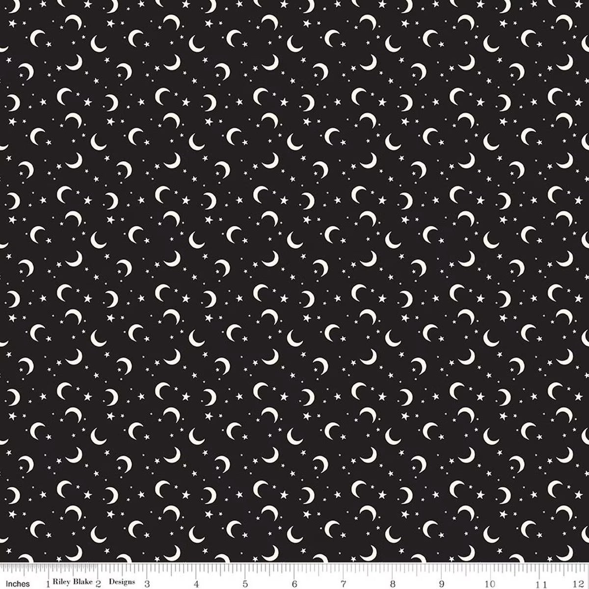 Pattern of white crescent moons and stars on a black background
