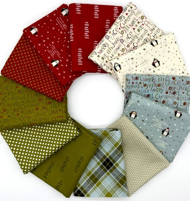 A collection of folded fabric squares arranged in a circle on a white background, featuring various Christmas-themed patterns including penguins, snowflakes, polka dots, and plaid.