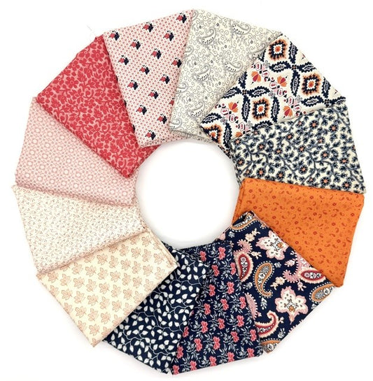 Circular arrangement of 12 half yard hand-cut fabric with various patterns and colors on a white background