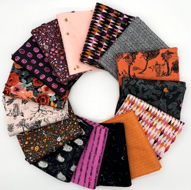 Enshadow half yard bundle by Katrina Rocella for Art Gallery Fabrics — 15 hand-cut Halloween prints including florals, geometrics and blenders
