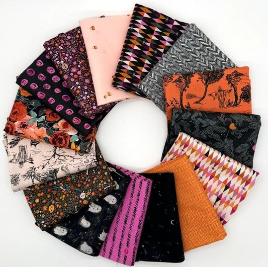 Enshadow half yard bundle by Katrina Rocella for Art Gallery Fabrics — 15 hand-cut Halloween prints including florals, geometrics and blenders
