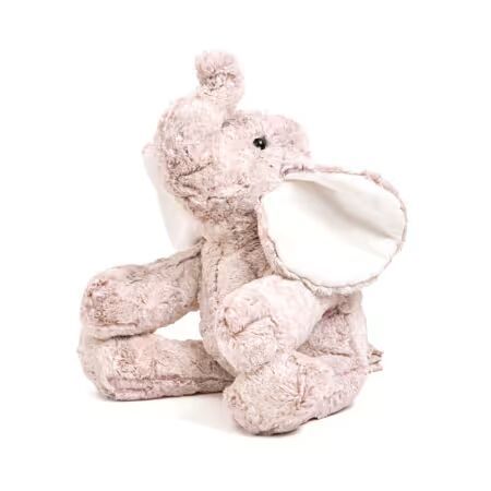 Harper the Elephant in Quartz pale pink textured plush with white inner ears and an upturned trunk, shown at an angle.
