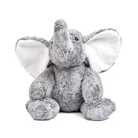 Harper the Elephant in Fog grey textured plush with white inner ears and an upturned trunk, shown at an angle.

