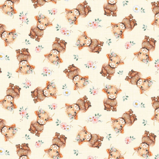 Pattern of cartoonish brown animals with flowers on a beige background