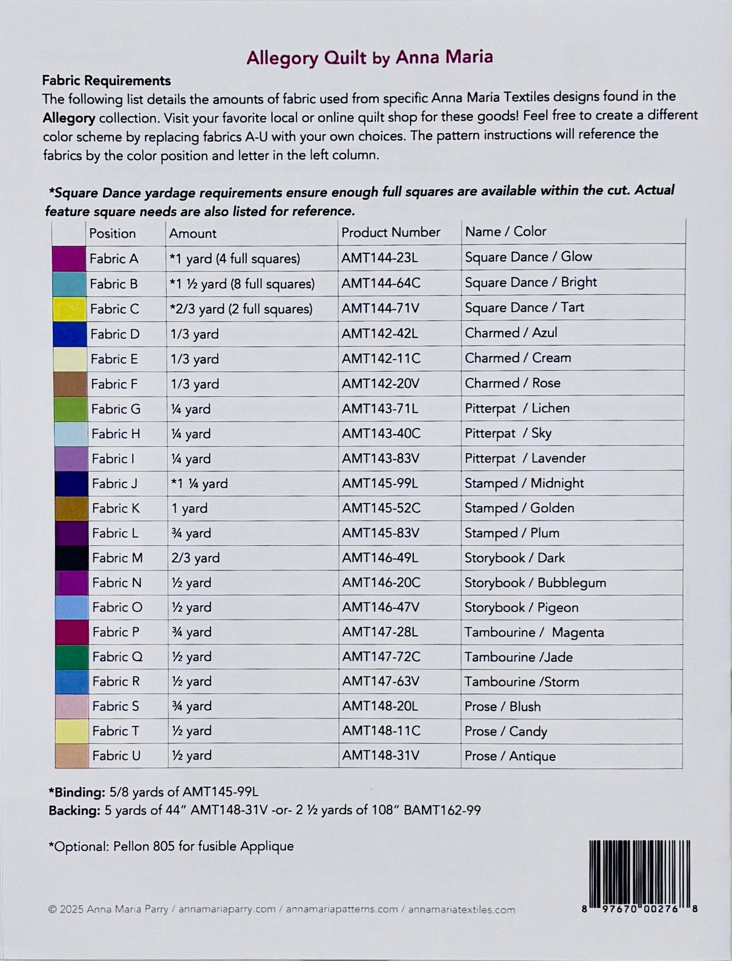 Allegory quilt kit contents by Anna Maria Textiles - 100% cotton fabrics for 62x77.5 inch quilt