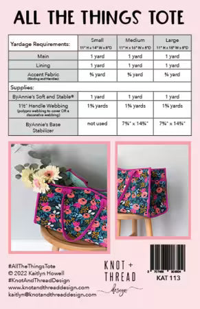 All the Things Tote pattern back cover showing beginner-friendly instructions and size specifications for small, medium, and large tote bags
