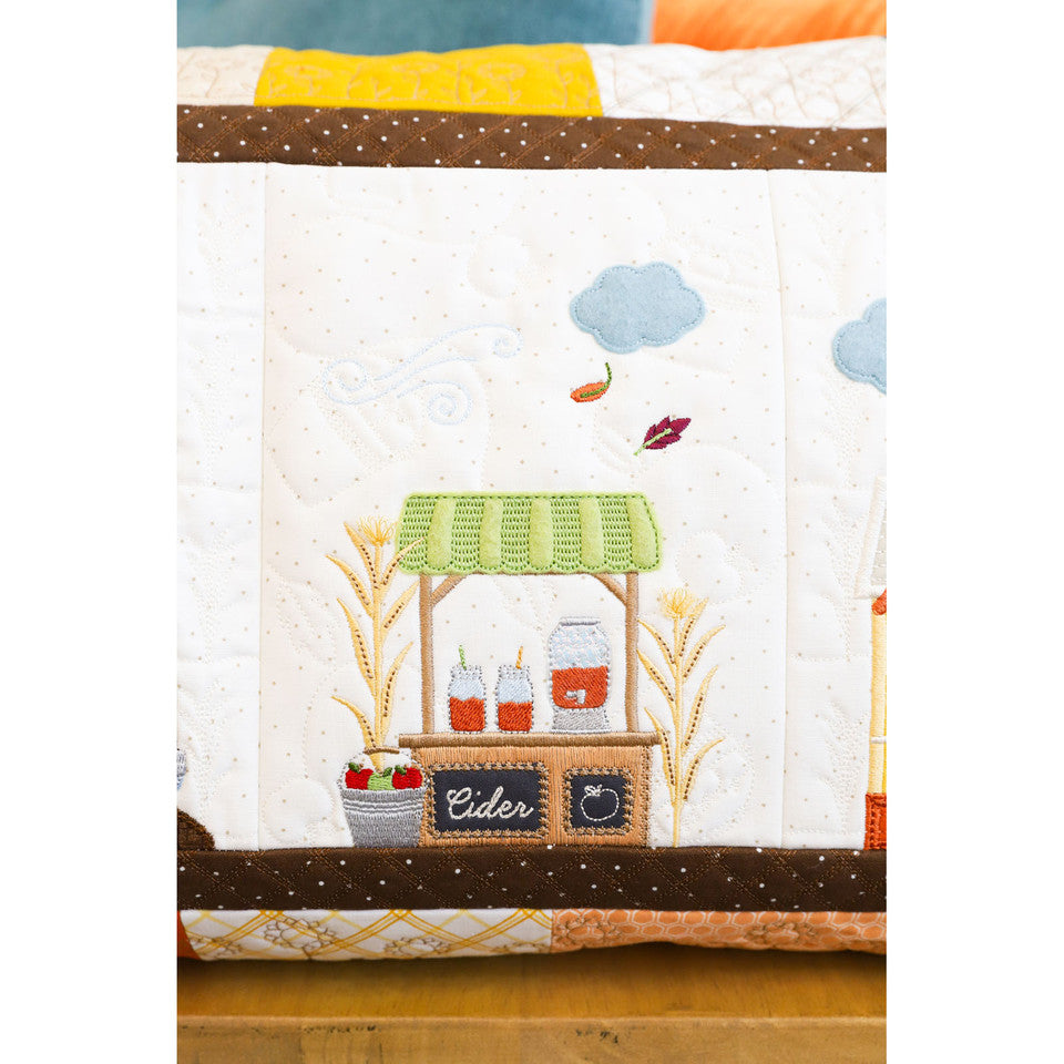 Kimberbell Autumn Acres kit — embellishment details for cozy fall machine embroidery bench pillow
