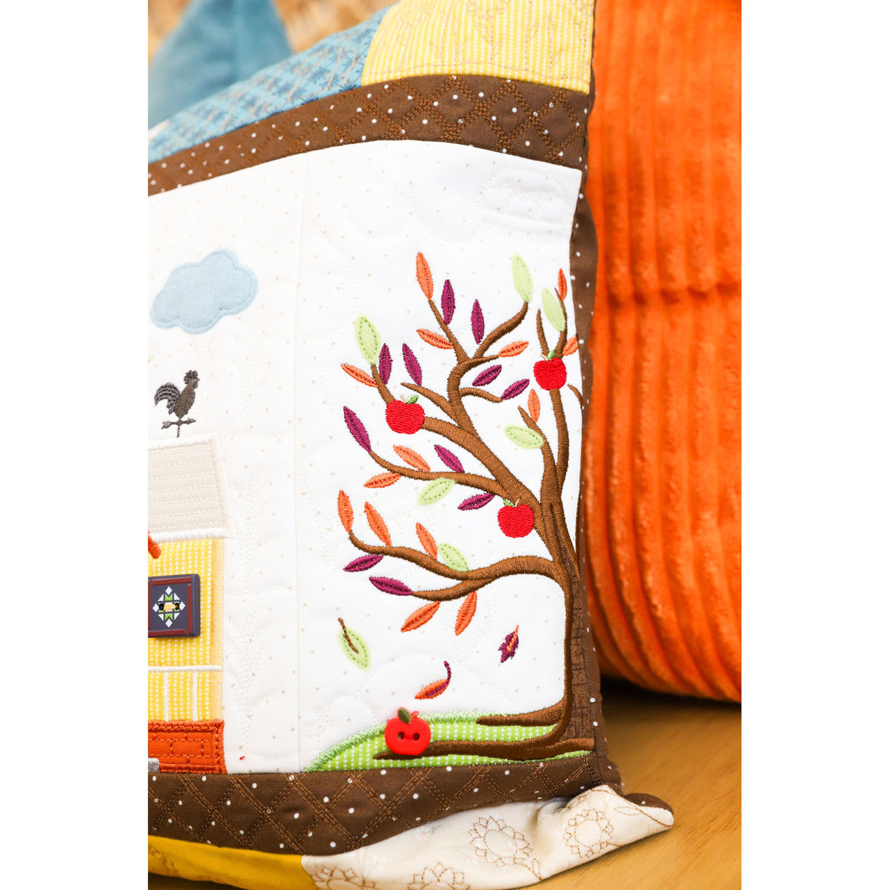 Autumn Acres bench pillow by Kimberbell — close-up of embellishment kit trims and notions
