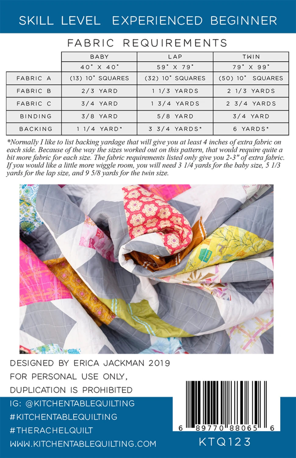 Rachel quilt pattern back cover with fabric requirements and instructions for baby lap and twin size quilts
