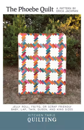 Phoebe quilt pattern showing book-inspired stacked design layout with multiple size options from baby to king by Kitchen Table Quilting
